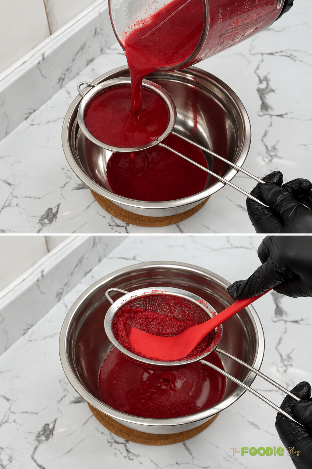 Fresh beetroot juice being poured through a fine mesh strainer into a bowl.