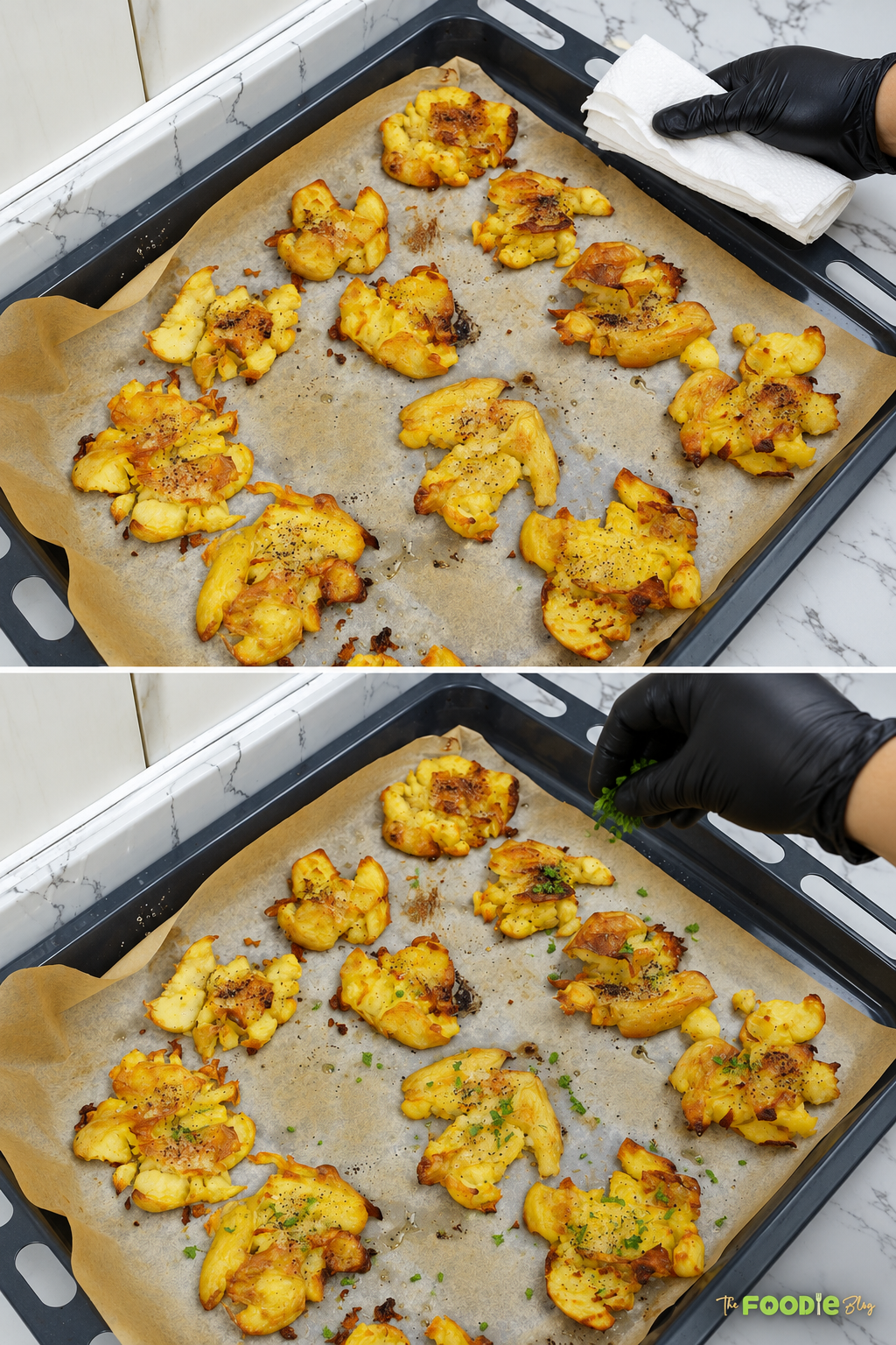 Golden crispy smashed potatoes finished with chopped fresh parsley after roasting.