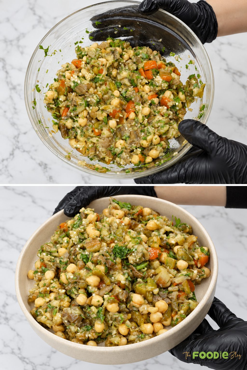 Freshly mixed eggplant chickpea salad being transferred into a serving bowl.