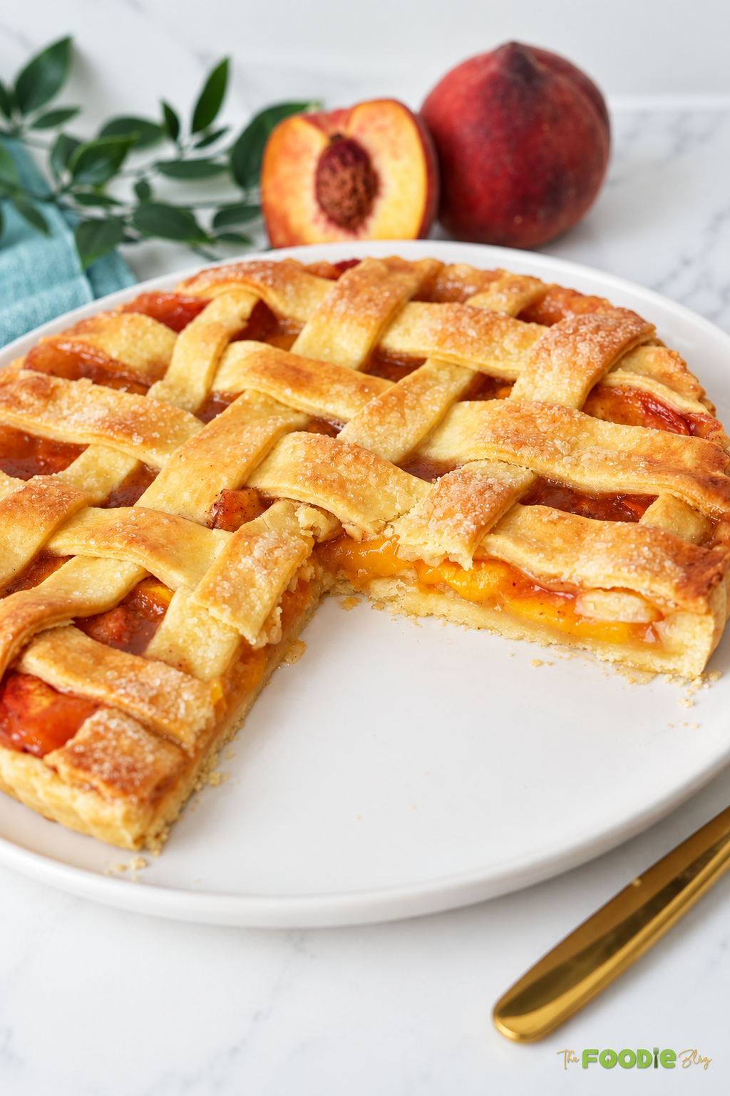 Close-up of homemade fresh peach pie with golden lattice crust and juicy peach filling.