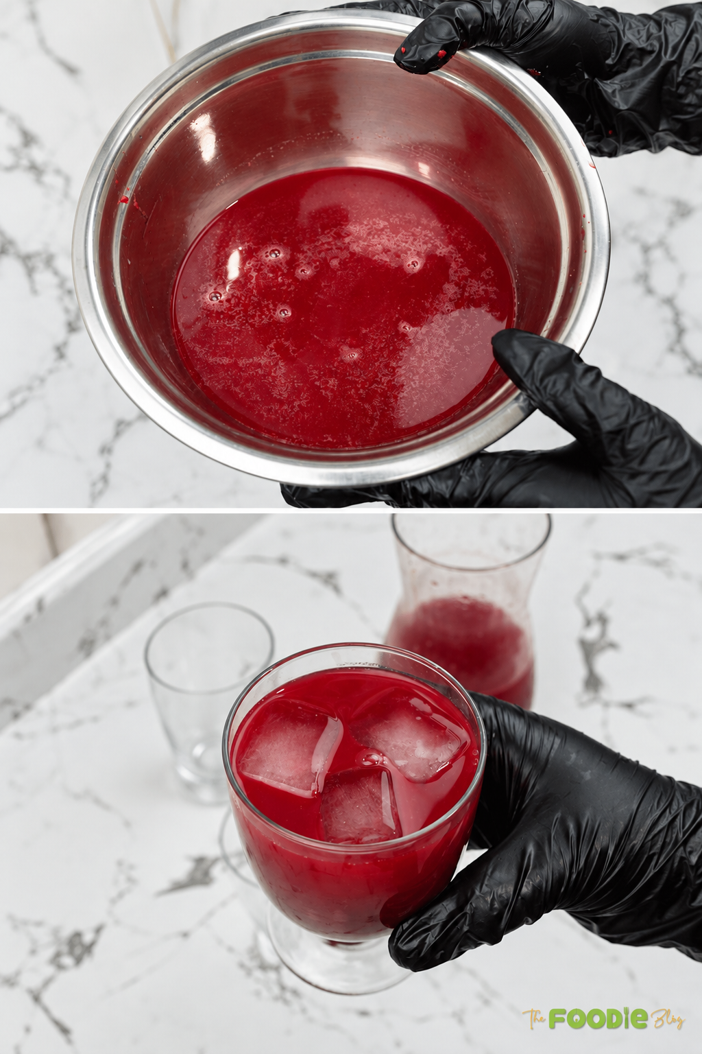 Fresh beetroot juice served in a glass with ice after straining.