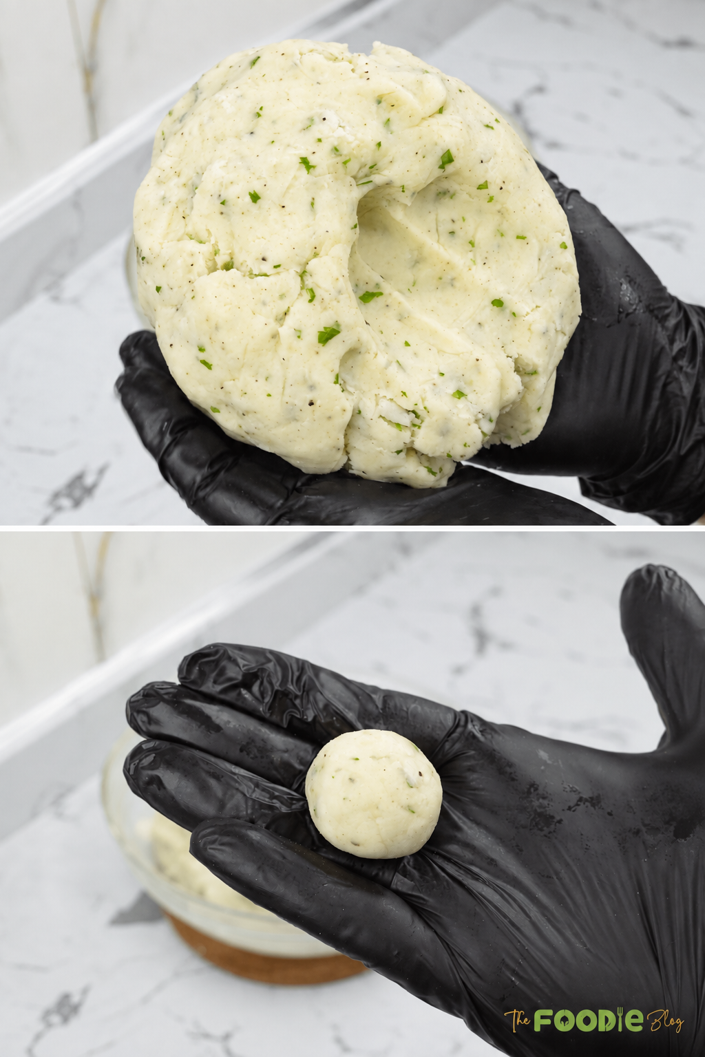 Seasoned mashed potato mixture being rolled by hand into small round potato balls.
