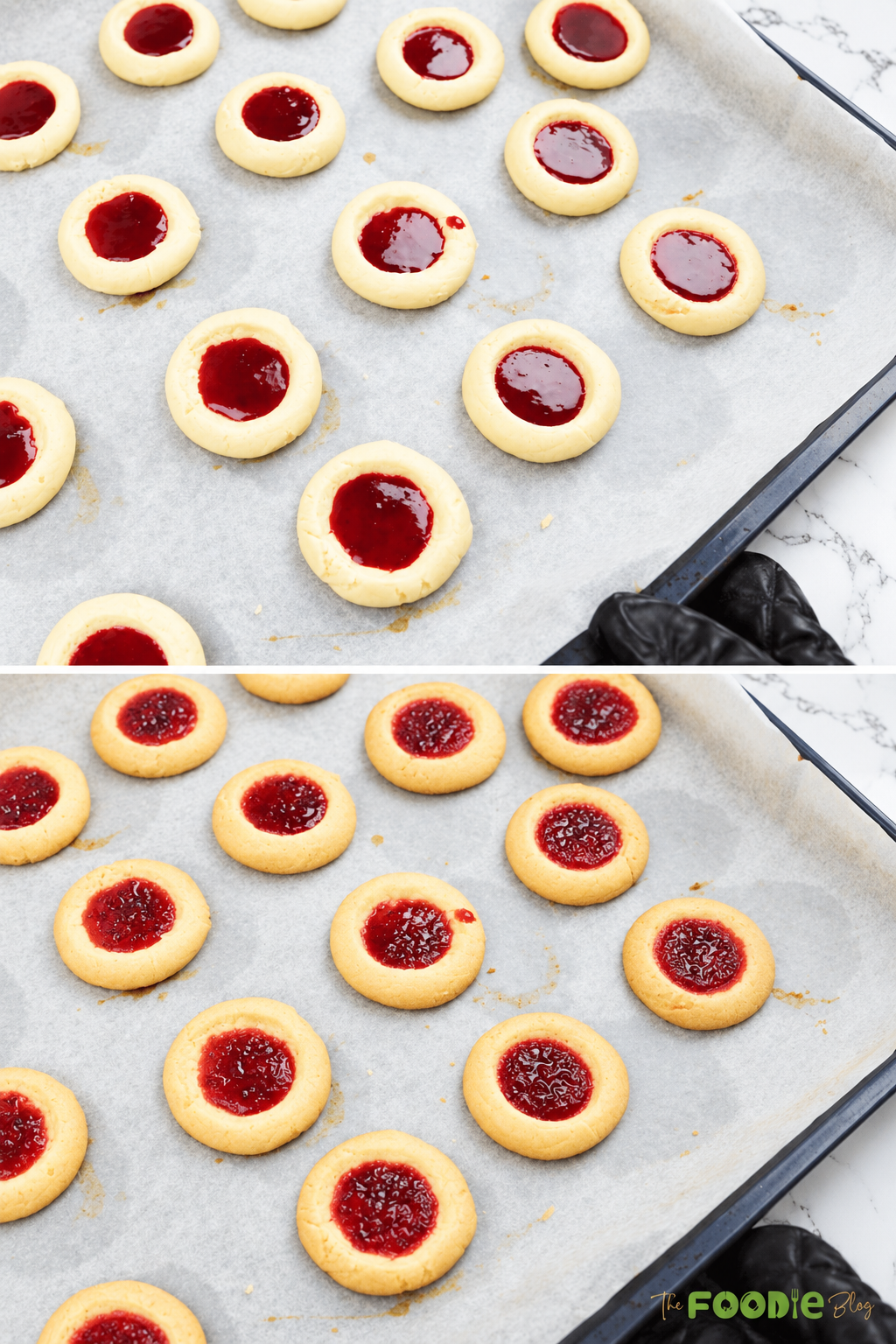 Strawberry jam cookies before and after baking until the shortbread edges are lightly golden.