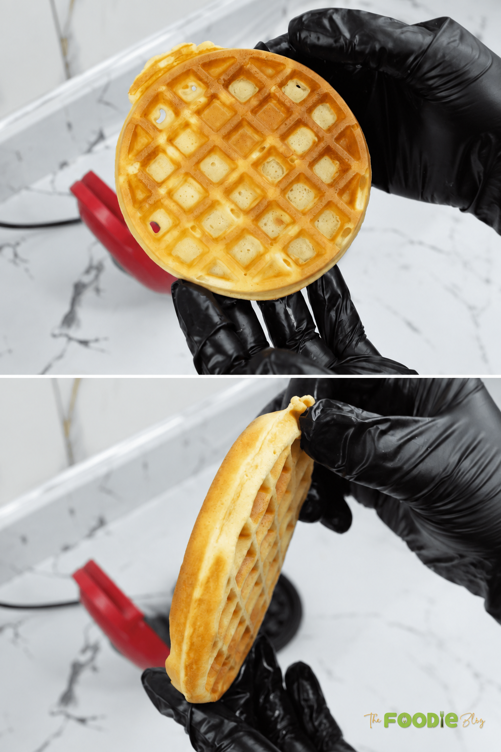 Freshly cooked homemade waffle held up to show its golden surface and fluffy thickness