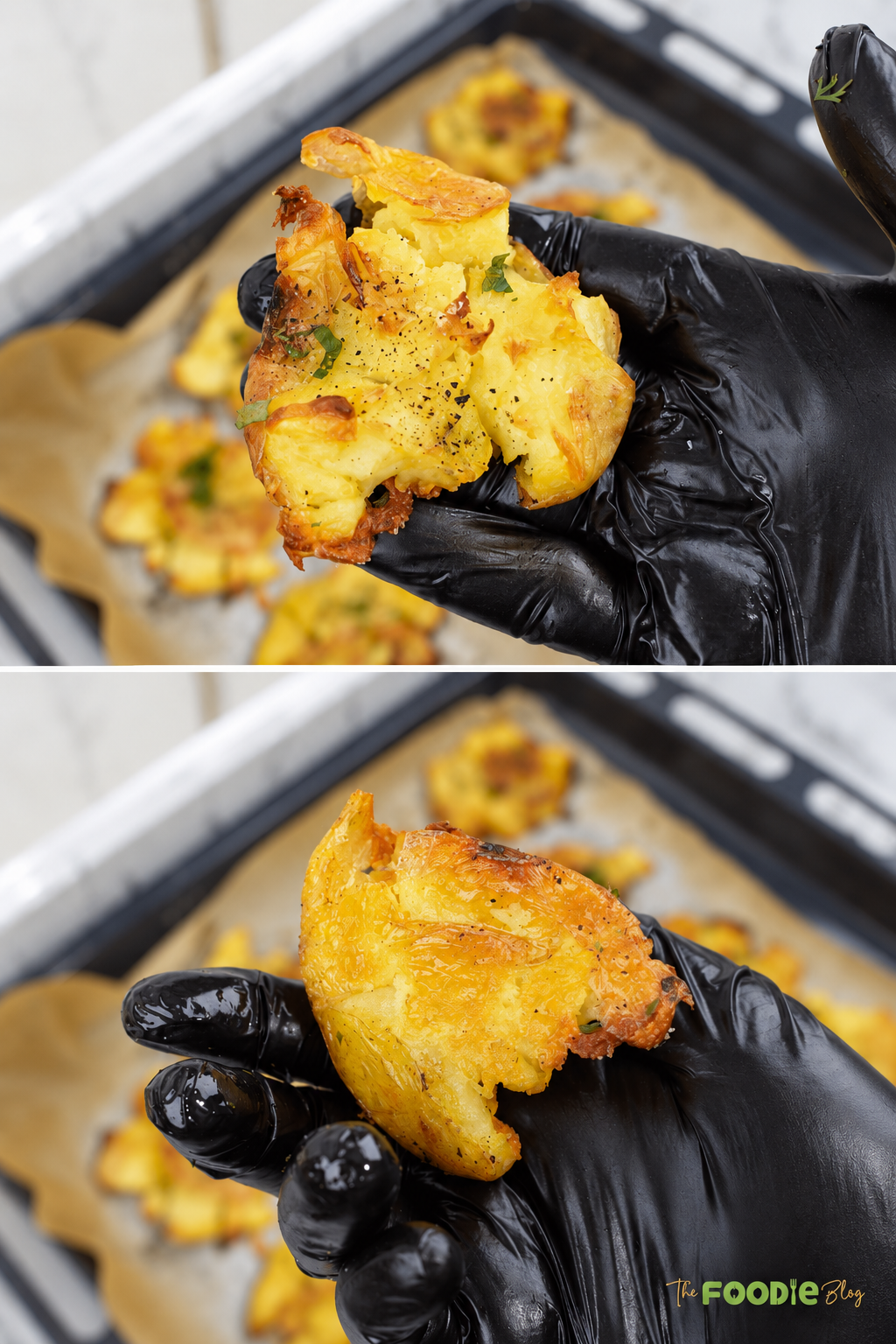 Crispy smashed potato held in hand showing a crunchy golden exterior and fluffy center.