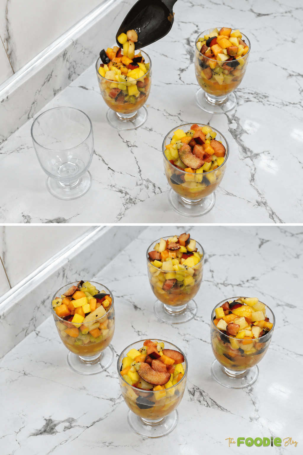 Fresh fruit salad being spooned into individual glass serving cups.