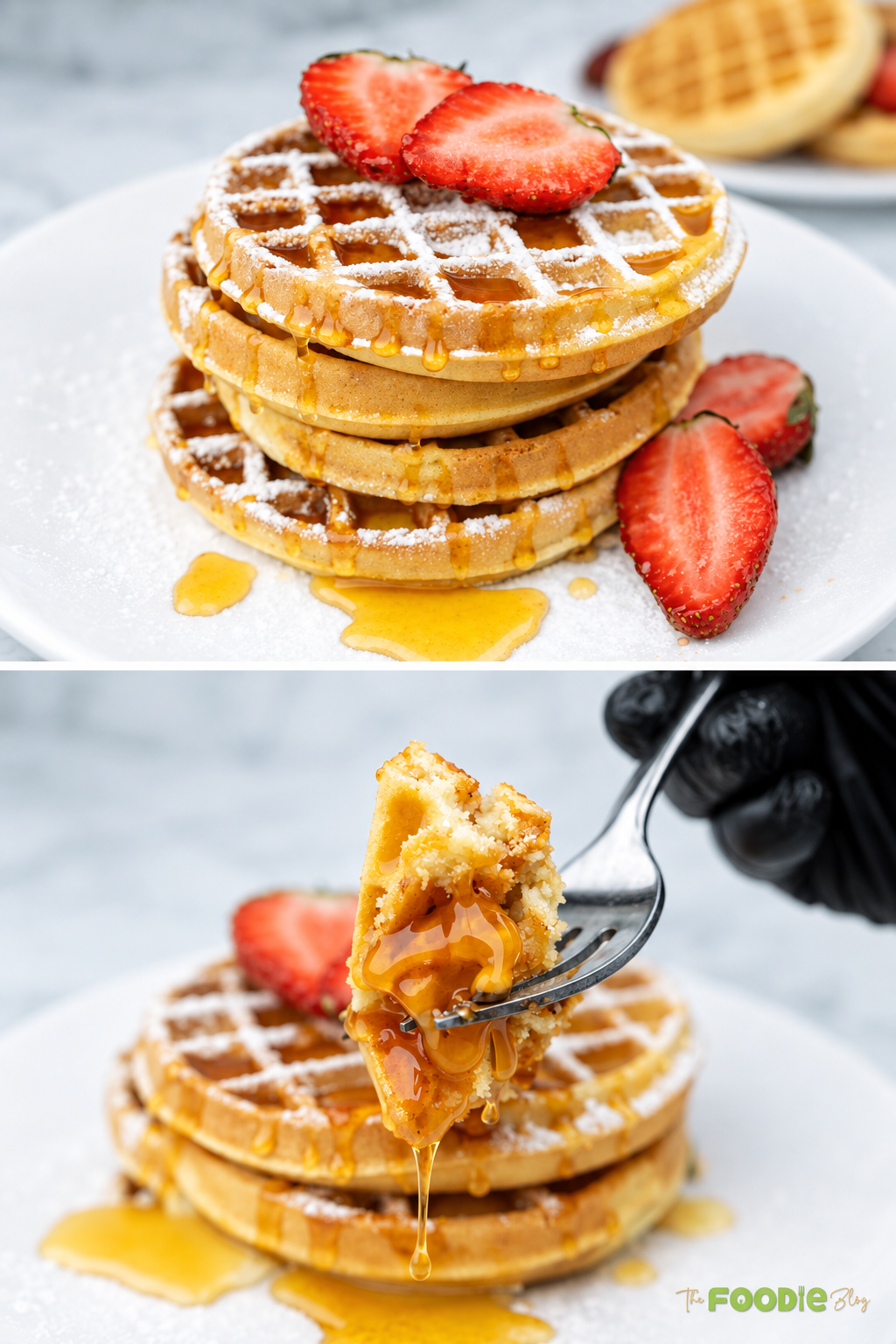 Stack of homemade waffles with strawberries, powdered sugar, maple syrup, and a bite lifted on a fork